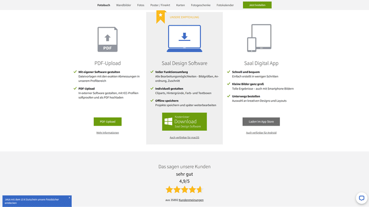 Ihr habt drei Optionen für euer Fotobuch zur Auswahl. Die Software bieten den größten Umfang und wird auch von Saal Digital empfohlen.
