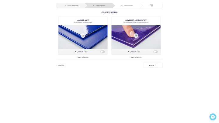 Im Warenkorb könnt ihr euer Cover je nach Art des Fotobuchs noch veredeln