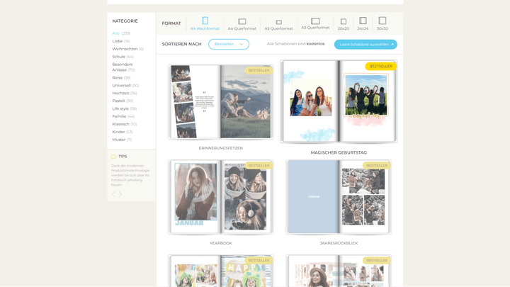 Auch die Vorlagen wählt ihr aus, bevor ihr den Editor überhaupt startet. Hier bietet Colorland das beste Angebot aller getesteten Fotobuch-Anbieter.