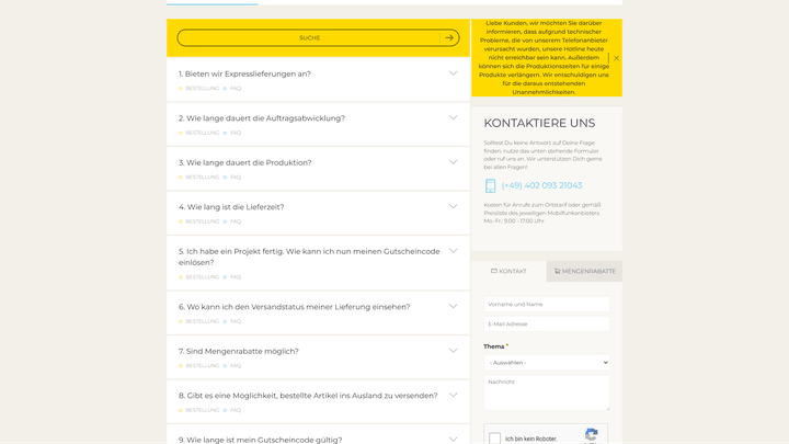 Der Hilfe- und Supportbereich wirkt auf den ersten Blick relativ unübersichtlich, Kontaktformular und Telefonnummer findet ihr auf der rechten Seite
