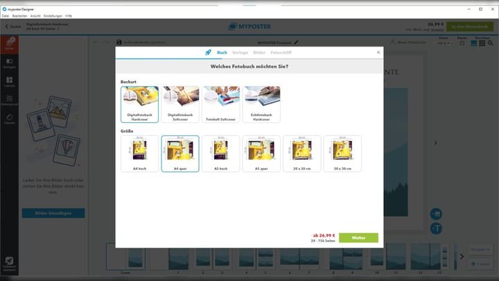 Der Fotobuch-Assistent zeigt euch eine Übersicht über die fürs gewählte Cover verfügbaren Formate