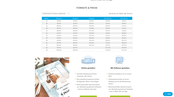 Eine Preisliste der einzelnen Formate findet ihr auf der Webseite, allerdings werden euch hier nur die Seitenpreise in Viererschritten angezeigt