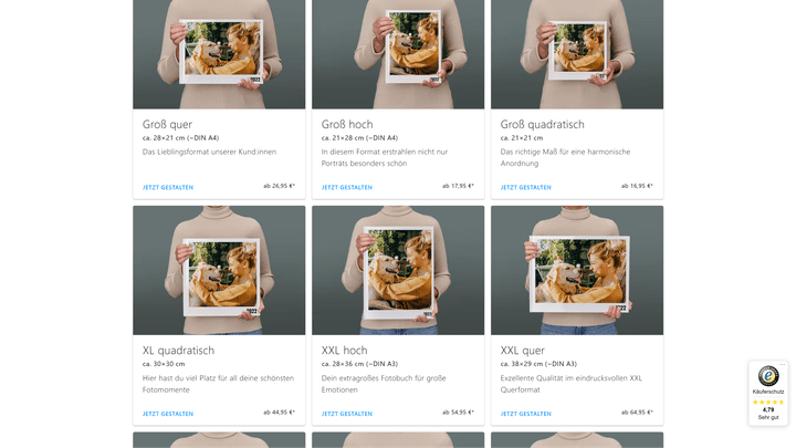Ruft ihr die Seite “Alle Formate” auf, erhaltet ihr genau eines nicht: Eine Übersicht über alle Formate. Das Fotoheft fehlt