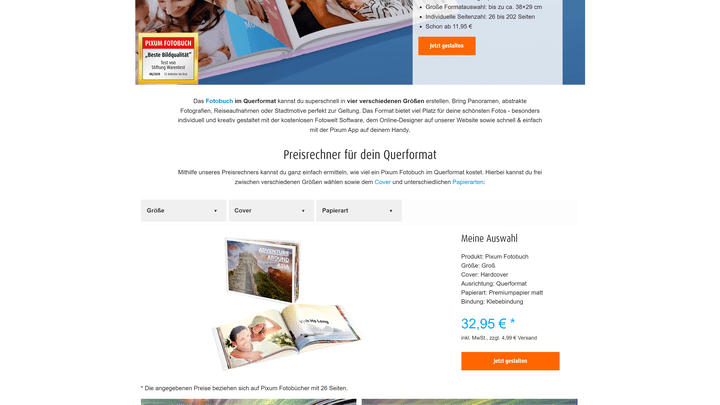 Ein Kostenrechner auf der Pixum-Webseite teilt euch den Grundpreis des Fotobuches mit