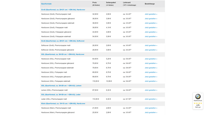 Wer sucht, findet auf der Webseite - gut versteckt - auch eine Preisliste. Die Extrakosten für Vorlagen oder Cover-Veredelungen fehlen aber