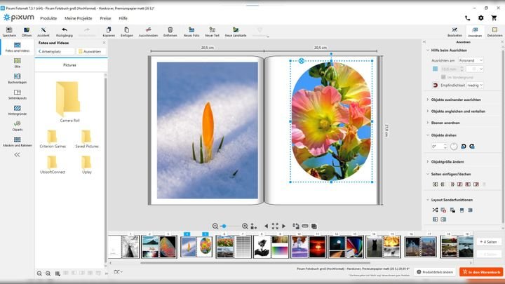 Pixum bietet umfangreiche Gestaltungshilfen - hier z.B. bei der Platzierung der Bilder
