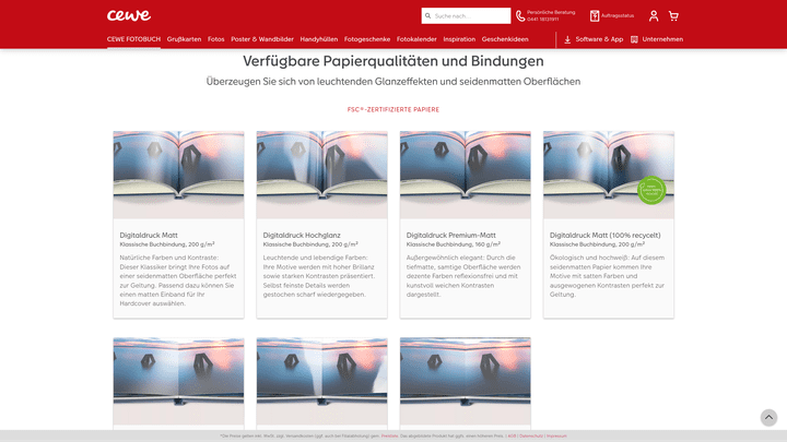 CEWE informiert über die Vorteile ihrer Papiersorten auf ihrer Webseite: Achtung: Premium-matt ist nicht seidenmatt, sondern eher tiefmatt.