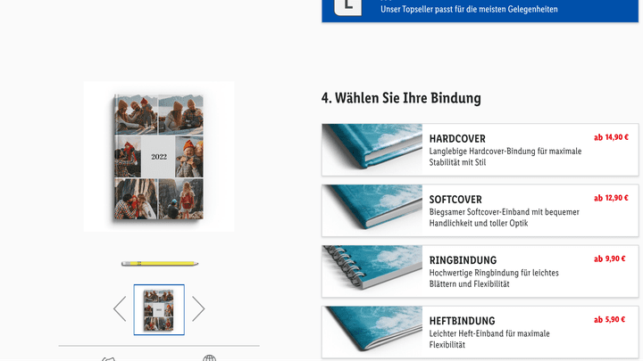 Bei manchen Fotobuch-Formaten könnt ihr eure Bindung auswählen, bei den meisten ist sie aber von der gewählten Papiersorte abhängig