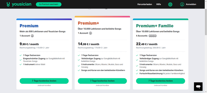Die Preise für Klavier-Apps im Überblick; hier am Beispiel von Testsieger Yousician