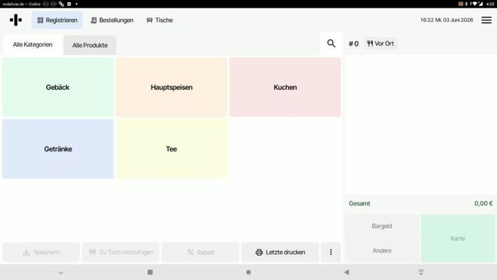 Mit Flatpay kannst du Produkte übersichtlich kategorisieren und Bestellungen abwickeln – bar oder mit Karte.