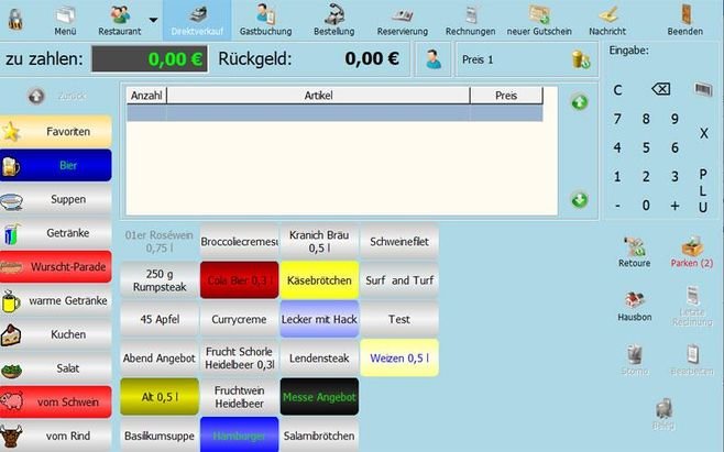 Die Kassenoberfläche von GASTWARE