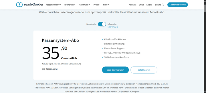 ready2order gibt es zum monatlichen Festpreis zwischen 33 und 44 €