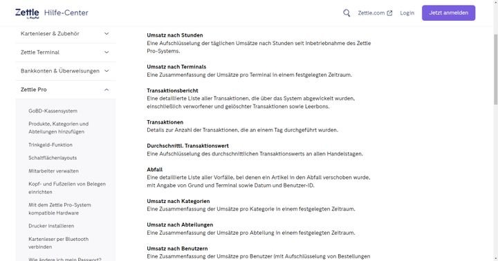 Eine Auswahl der möglichen Berichte, die Zettle dir ausgeben kann