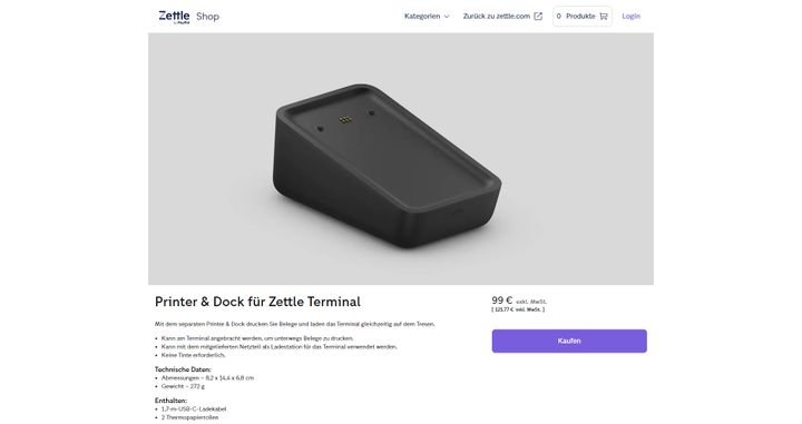 Mit dem Dock lädst du dein Terminal auf und druckst bei Bedarf Quittungen für deine Kundschaft