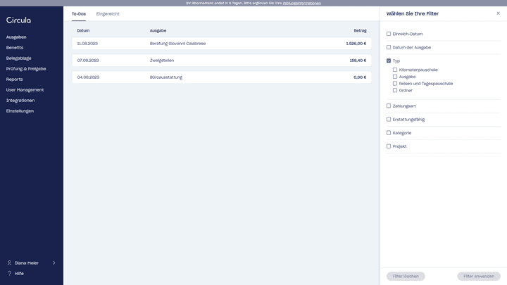 In deinen Ausgaben kannst du nach eingereichten und offenen Ordnern, Ausgaben und mehr suchen