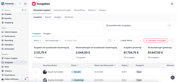Mit Factorial kannst du neben anderen HR-Prozessen auch Ausgaben managen