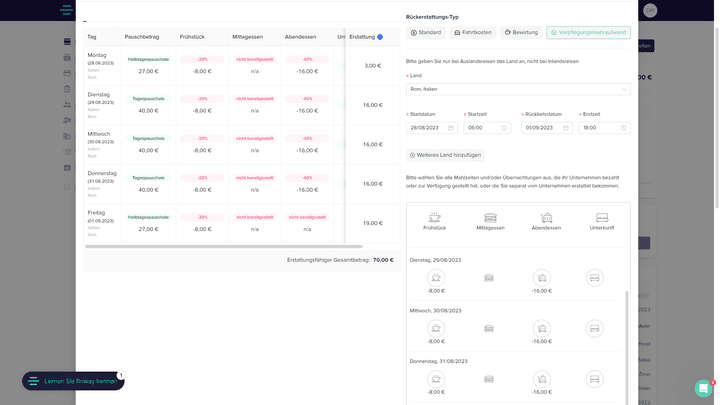 Verpflegungspauschalen zieht finway auch im Ausland korrekt ab