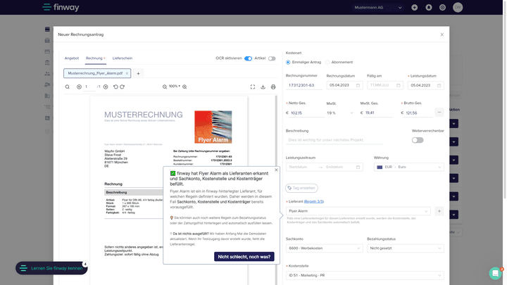 finway erkennt deine Rechnungen inklusive Rechnungsbetrag, Steuersatz, Lieferant:in und Co.