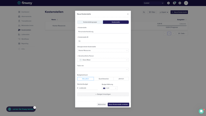 Erstelle spielend leicht neue Kostenstellen und Kostenträger