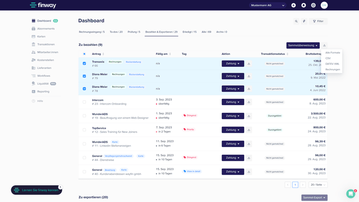 Exportiere die Rechnungen, die dich interessieren