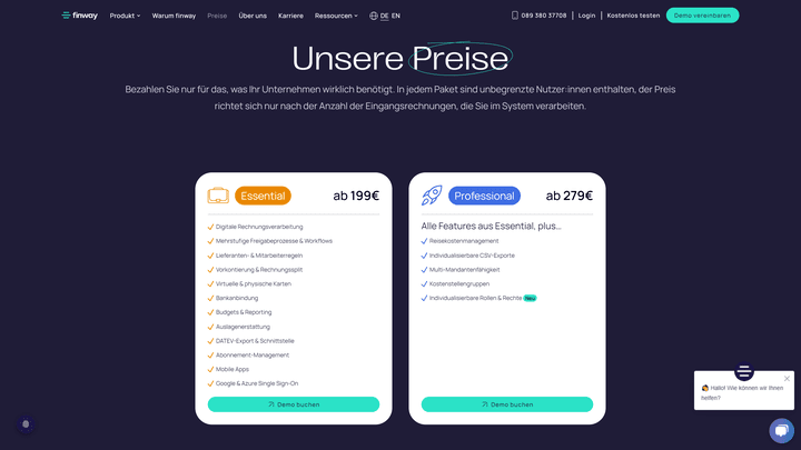 Die Preise von finway starten bei 199 € pro Monat bei jährlicher Zahlung