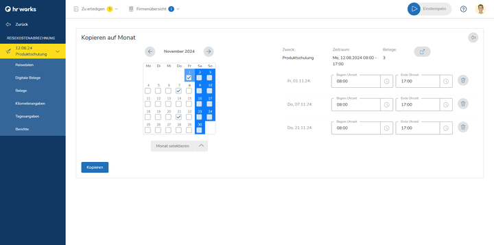 Mit “kopieren auf Monat” erstellst du mehrere Tages-Reisen gleichzeitig