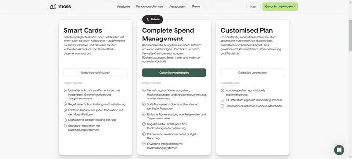 Die Produktversionen von Moss im Überblick. Preise kommuniziert der Anbieter nur auf Anfrage.