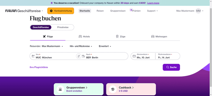 Mit Navan buchst du Flüge, Züge, Hotels und mehr direkt aus der Oberfläche des Tools heraus