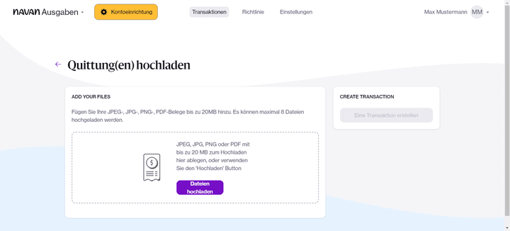 Quittungen und Belege für Spesen und Reisekosten lassen sich einfach und schnell in Navan hochladen und verarbeiten