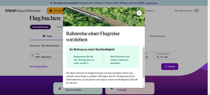 Nett: Navan hilft dir auf Wunsch dabei, CO2 zu sparen und schlägt dir dafür passende Reisemöglichkeiten vor