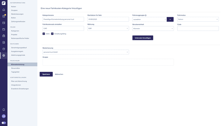 Individuelle Pauschalen lassen sich zusätzlich hinterlegen