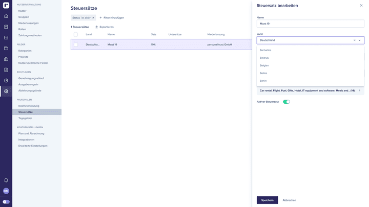 Du kannst auch die Steuersätze jedes Landes hinterlegen, in das du reist