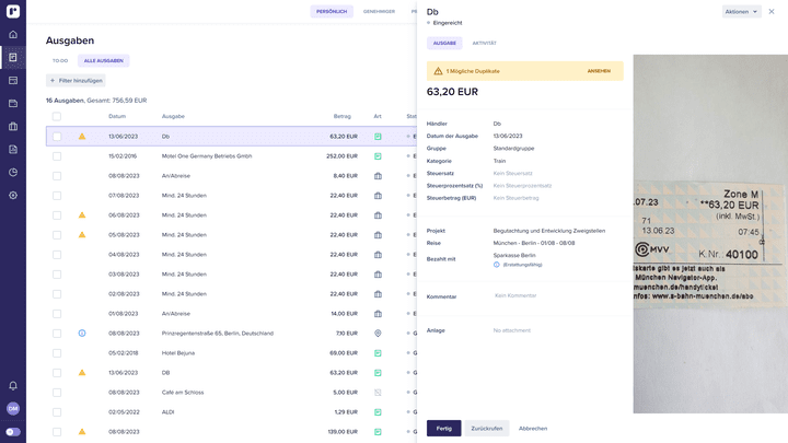 Alte und neue Belege findest du bei deinen Ausgaben