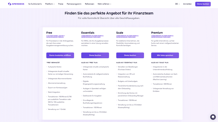 Spendesk liefert dir sogar einen kostenlosen Tarif – der kommt aber ohne Spesen-Funktionen