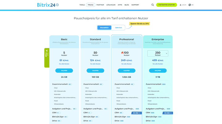 Leistung kostet natürlich. Bitrix24 bietet aber bereits etliche Funktionen in einer dauerhaft kostenlosen Free-Edition