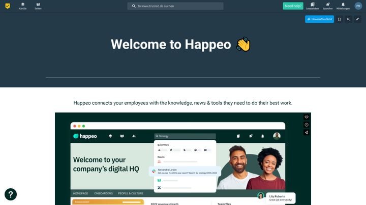 Happeo hat eine großartige Oberfläche und übernimmt, falls gewünscht, automatisch dein Firmendesign