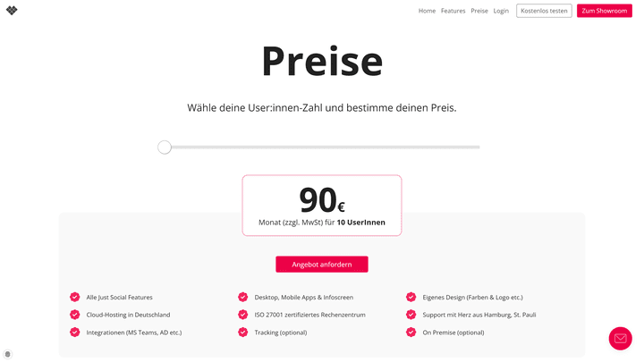 Das Pricing von Just Social ist flexibel und startet bei einer Mindestzahl von 10 Usern