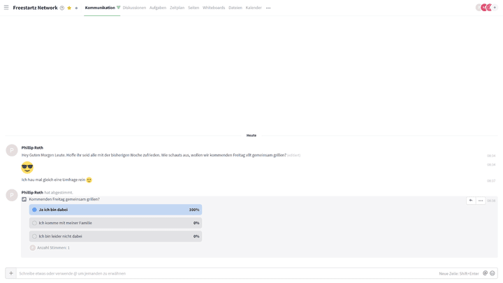 In meinem Open-Space “Freestartz Network” sind Chats erwünscht, die nichts mit der eigentlichen Arbeit oder Projekten zu tun haben: Hier eine Umfrage zum nächsten Grillfest von Freestartz