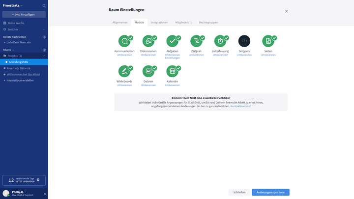 Du kannst Räume mit den benötigten Modulen bestücken oder einfach nur als Chatraum konfigurieren
