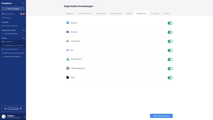 System-Integrationen kannst du ganz einfach über die Organisations-Einstellungen zulassen