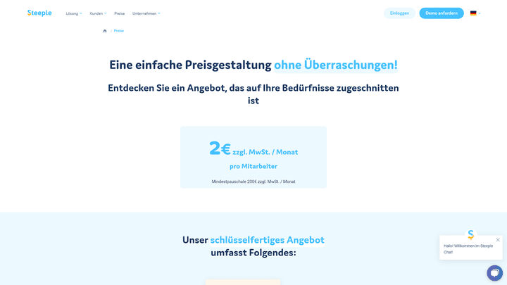 Das Pricing von Steeple sorgt für eine gute Skalierbarkeit und bietet darüber hinaus ein gutes Preis-Leistungs-Verhältnis
