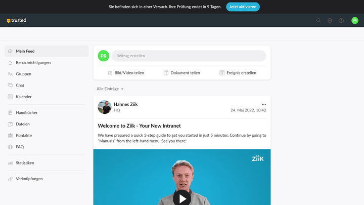 Im Feed kannst du Unternehmens-News und Ankündigungen teilen und mit Gifs, Videos oder Bildern anreichern
