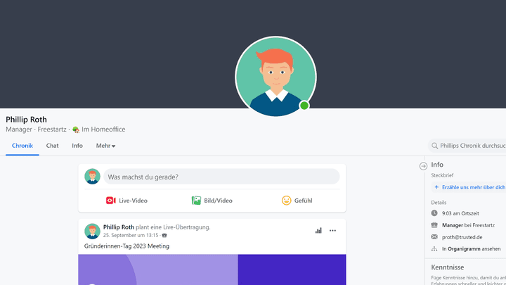 Jeder User hat ein eigenes Profil mit persönlichen Informationen und Status-Einstellungen