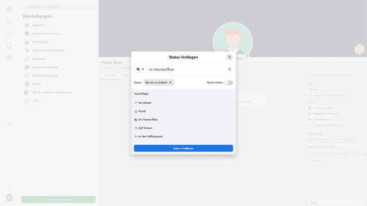 Statusmitteilungen erlauben es dir, dein Team über aktuelle Tätigkeiten und deine Erreichbarkeit zu informieren