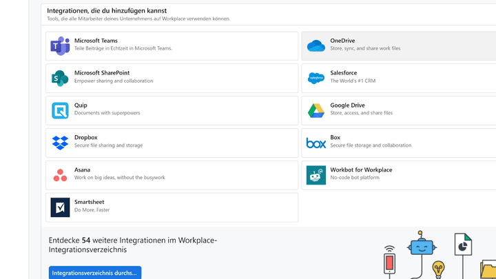 Mit Integrationen wie Microsoft Teams oder Google Drive erhöht sich die Leistungsfähigkeit von Workplace deutlich
