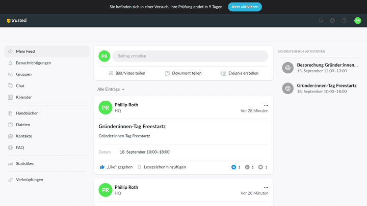Du hast einen zentralen Newsfeed und Teams und Abteilungen haben mit den Gruppenräumen eigene Bereiche