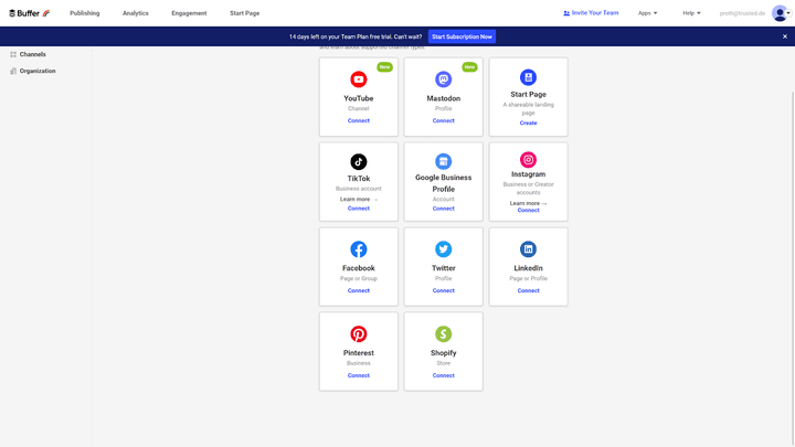 Buffer liefert alle gängigen Social-Media-Plattformen. Mit Mastodon und Shopify sogar etwas mehr, als die Konkurrenz.
