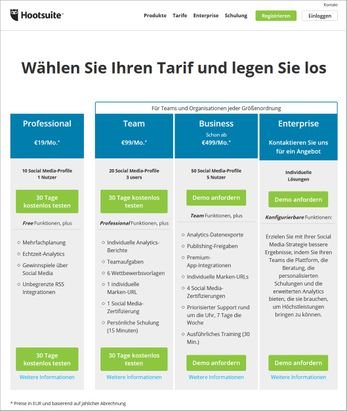 Von gratis bis individuellem Tarif für große Unternehmen – Hootsuite bietet 4 Tarifmodelle neben der kostenlosen Variante