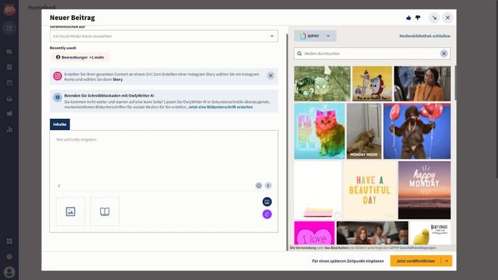 Du kannst direkt von der Hootsuite-Oberfläche auch externe Inhalte von Canva oder Giphey zugreifen