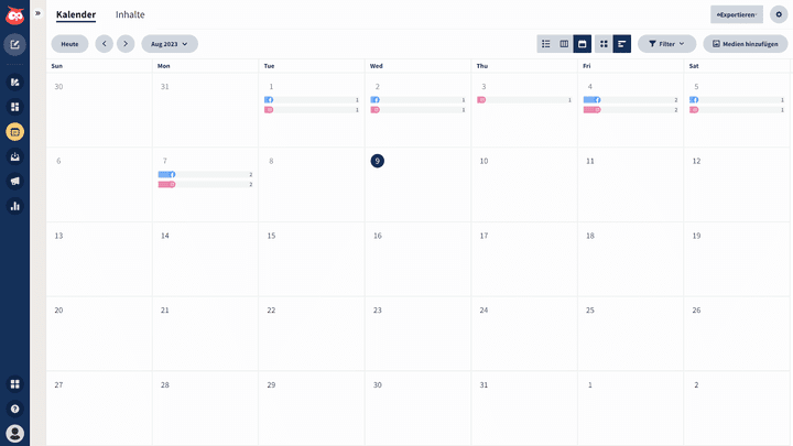 Der Kalender liefert verschiedene Tages-, Wochen- und Monatsansichten und lässt sich nach Kanälen filtern